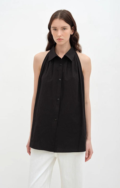 "Poland Island" imported pure cotton stand-up collar sleeveless striped shirt temperament top for women-0