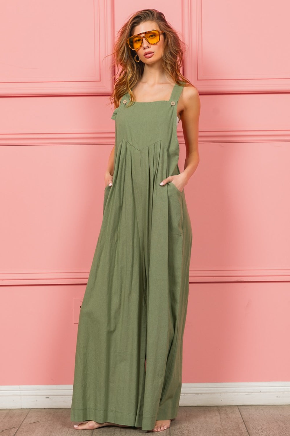 BiBi Ruched Wide Leg Overalls with Pockets-3