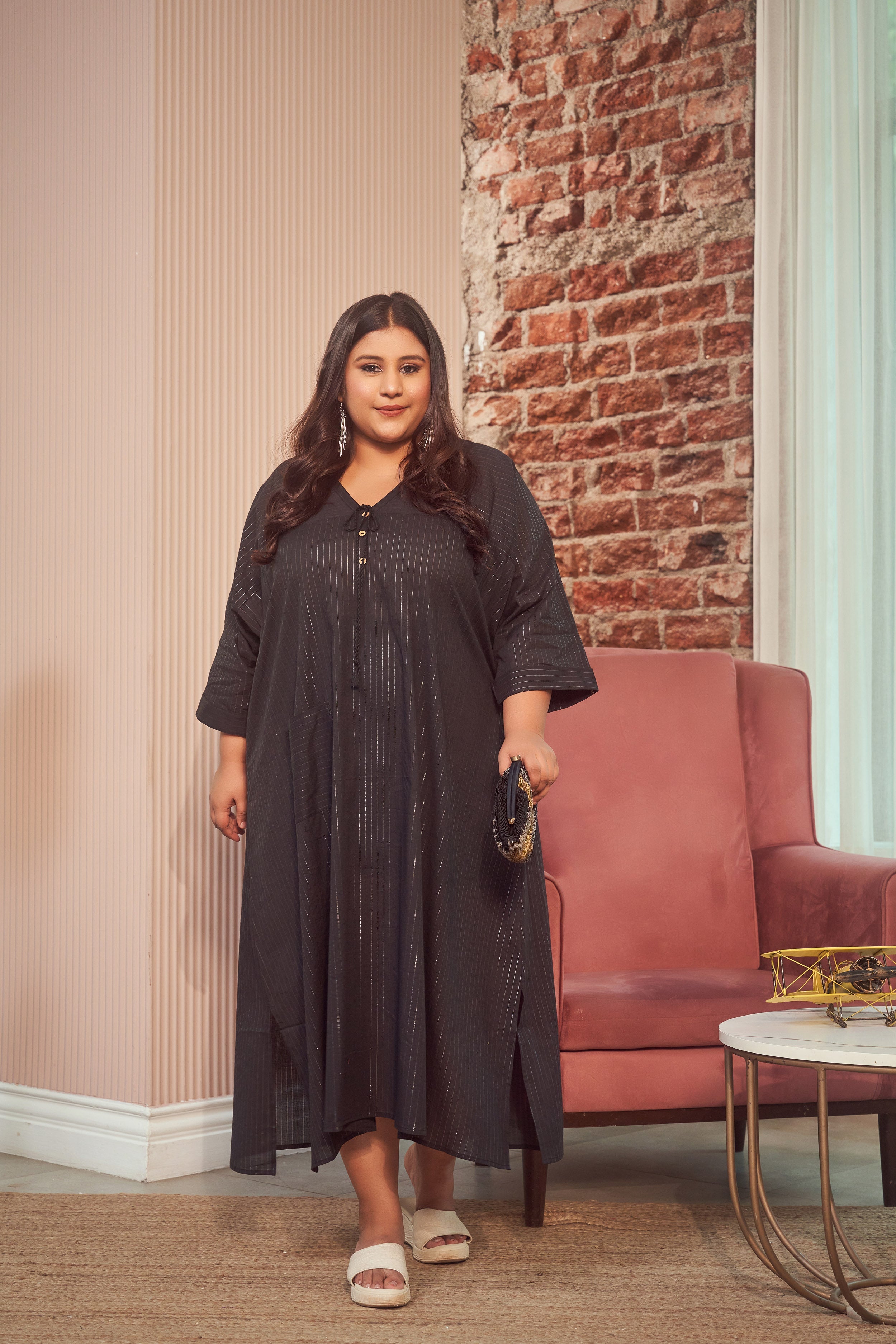 Black Cotton Lurex Silver Maxi Dress-1