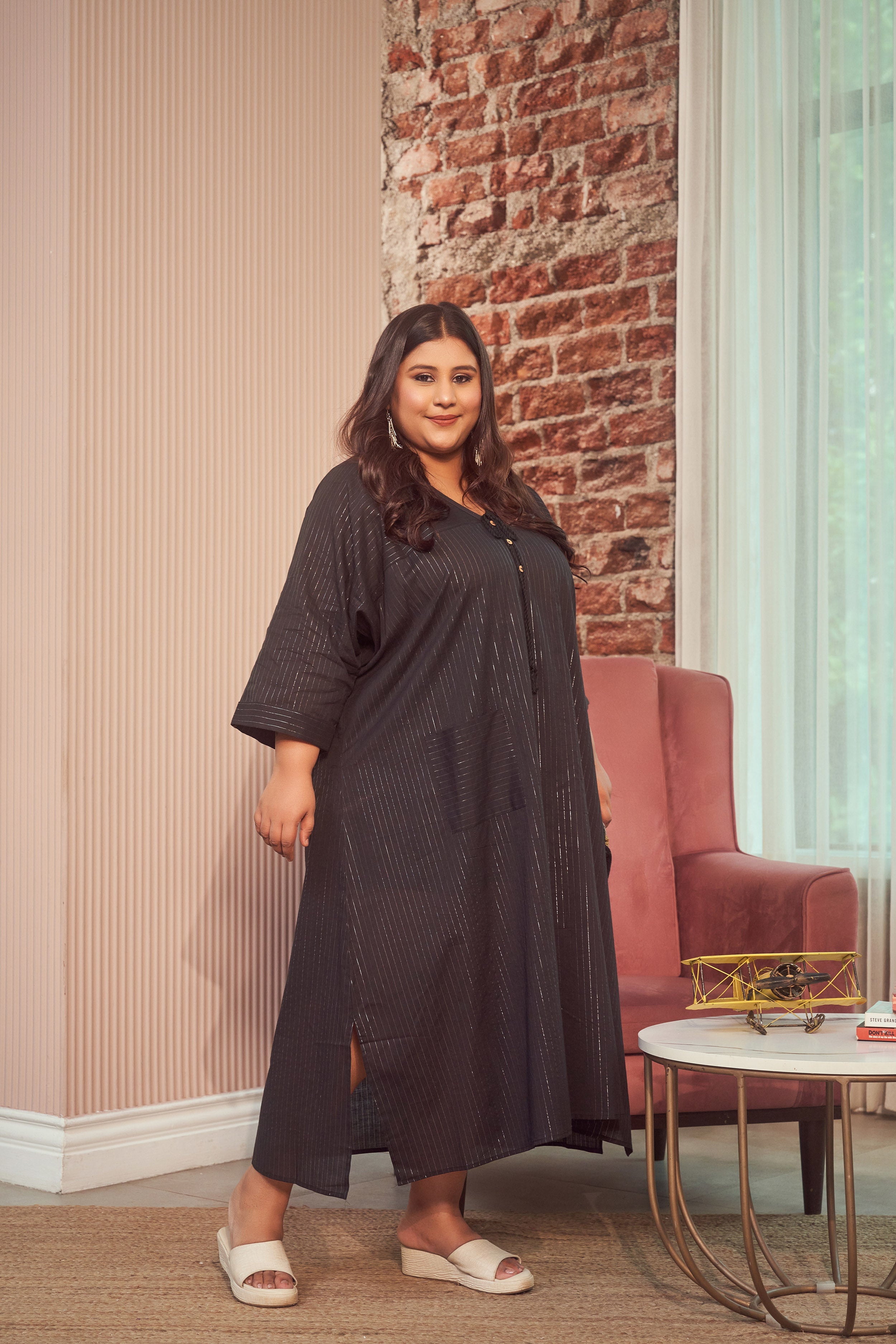 Black Cotton Lurex Silver Maxi Dress-2