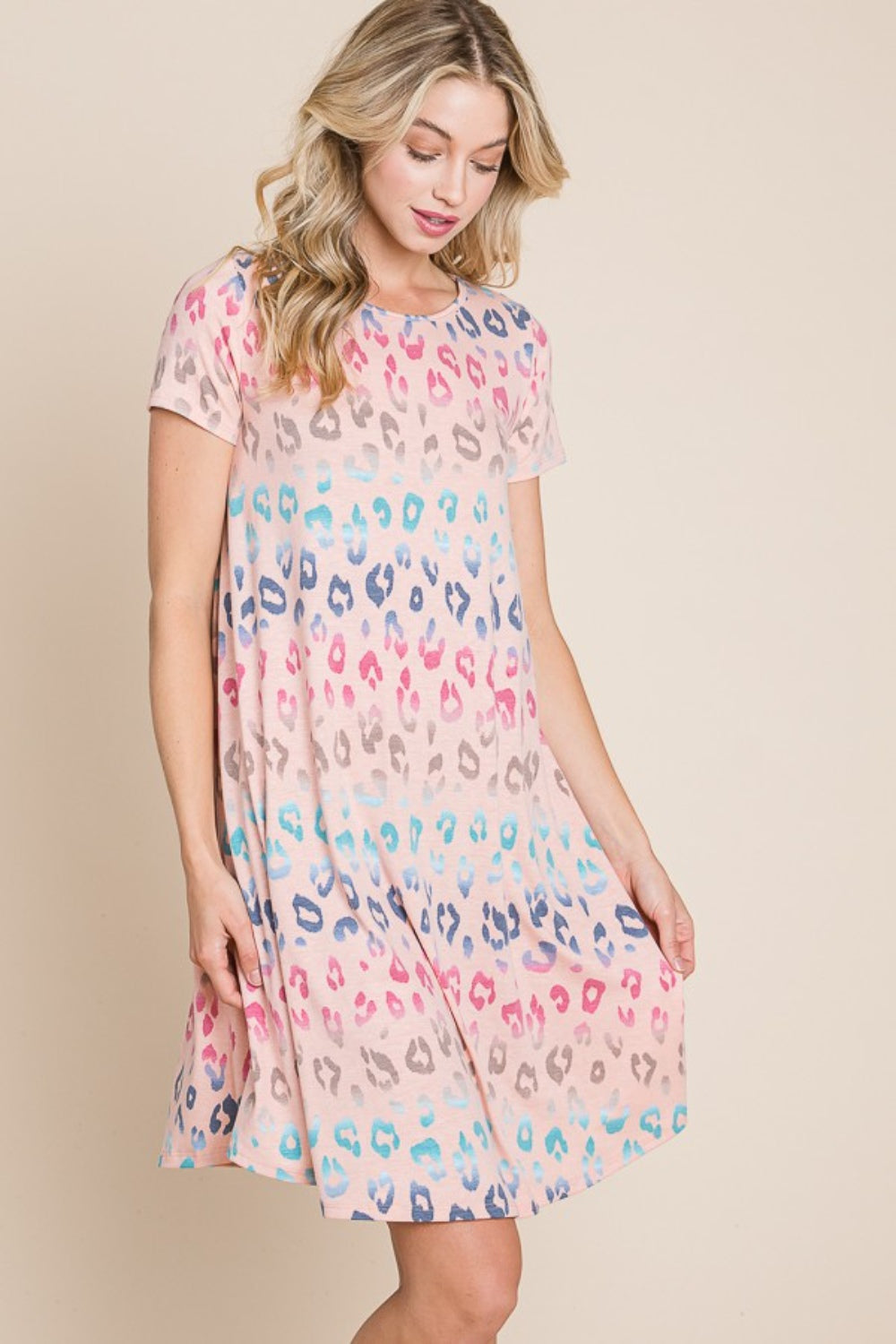 BOMBOM Leopard Round Neck Short Sleeve Dress-3