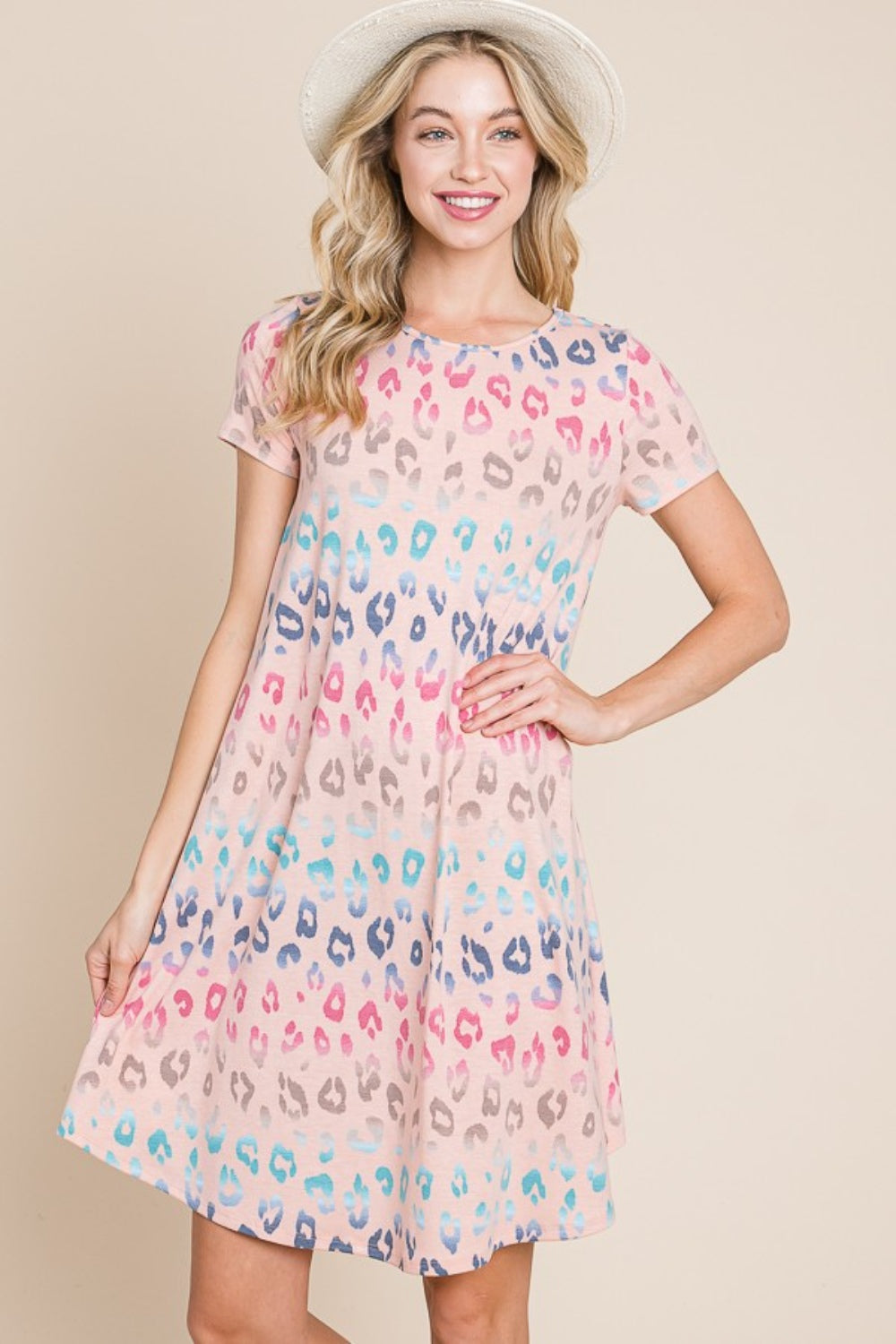 BOMBOM Leopard Round Neck Short Sleeve Dress-0