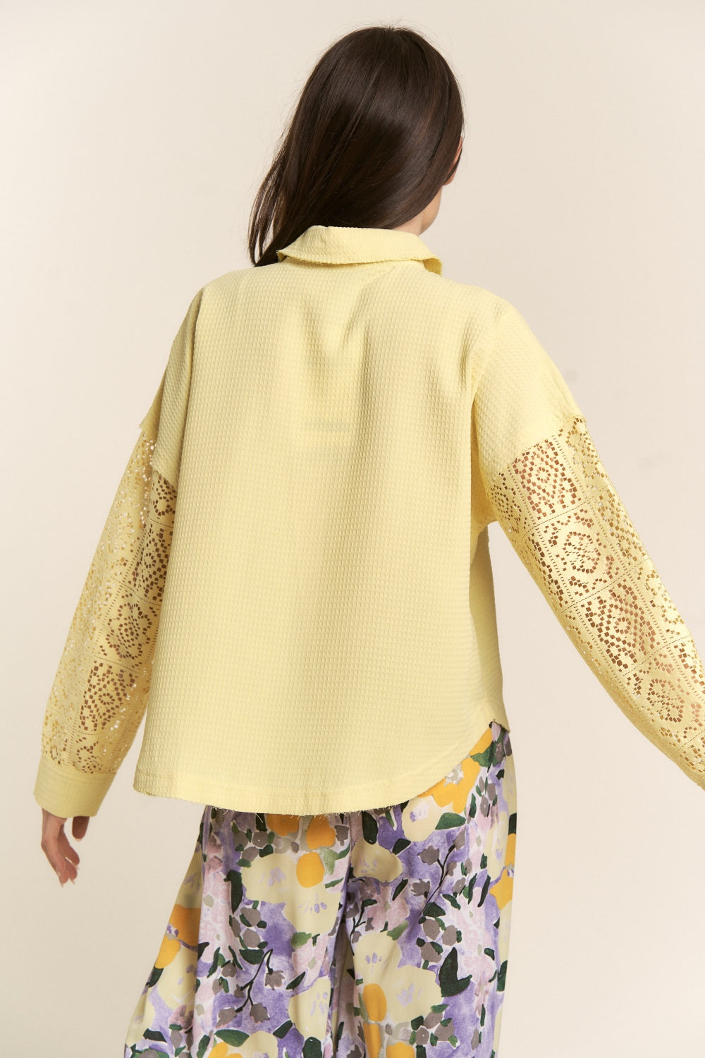 J.NNA Button Down Lace Long Sleeve Waffle Shirt-1