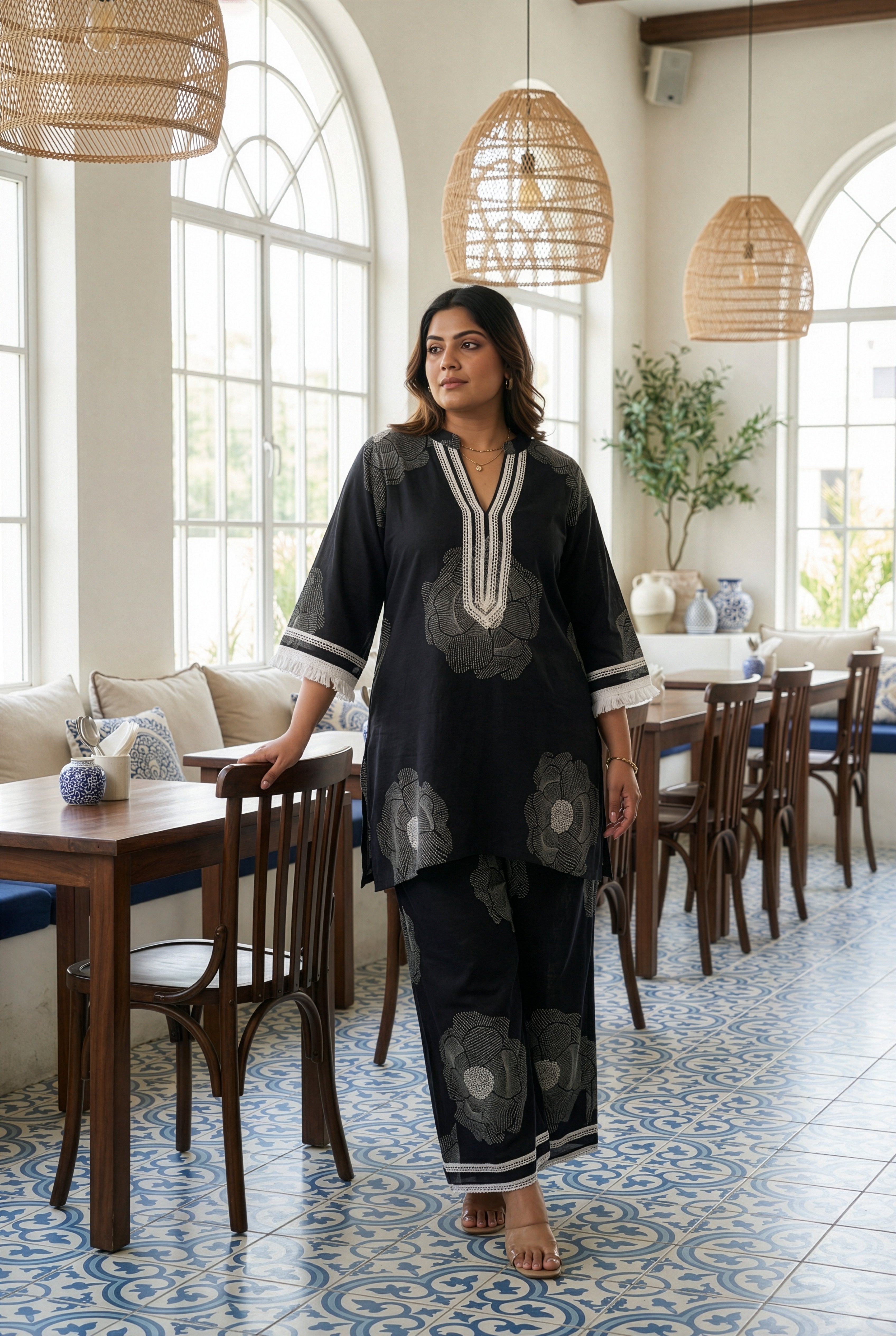 Plus Size Black & White Cotton Cambric Co-ord Set – Floral Printed Kurta & Pant Set
