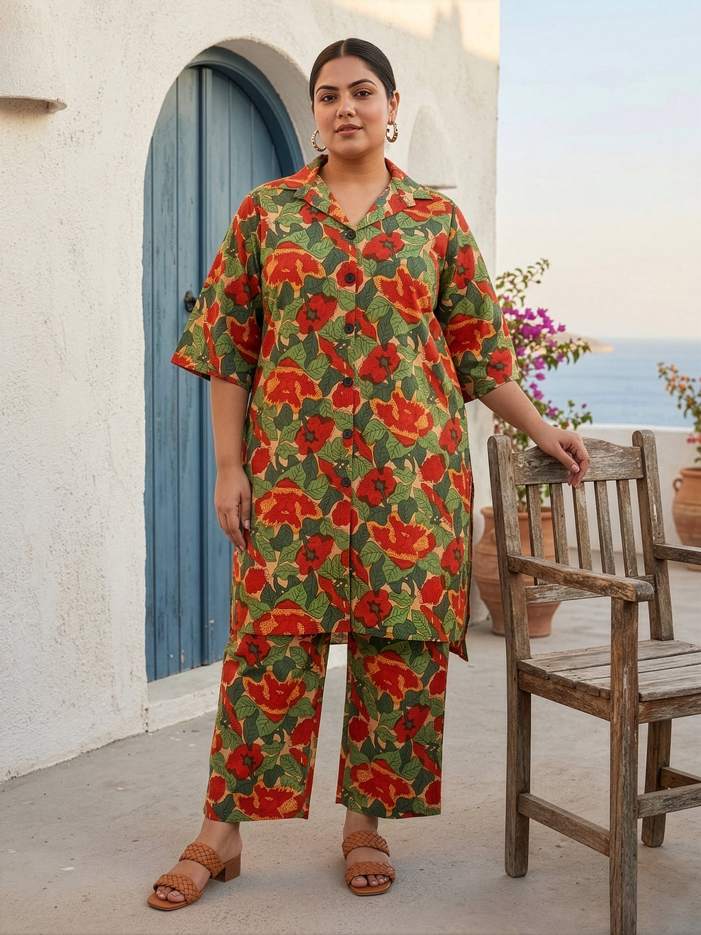 Regular Tropical Floral Print Cotton Co-Ord Set for Women – Button Down Kurta & Pants