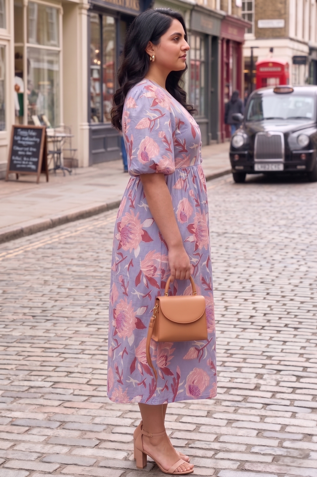 Plus Size Cotton Lilac Floral Midi Dress – V-Neck Puff Sleeve Summer Dress