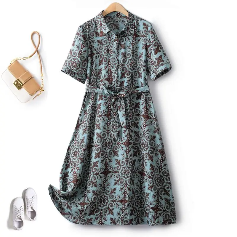 Summer Dress Woman Trendy Elegant Vintage Turn Down Collar Over Knee Single Breast Drop Large Swing Flower Female Dresses-3