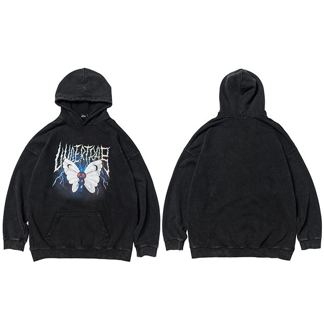 Men Hip Hop Hoodie Sweatshirt Lightning Butterfly Streetwear Hoodie Retro Vintage Washed Black Hooded Pullover Harajuku-5