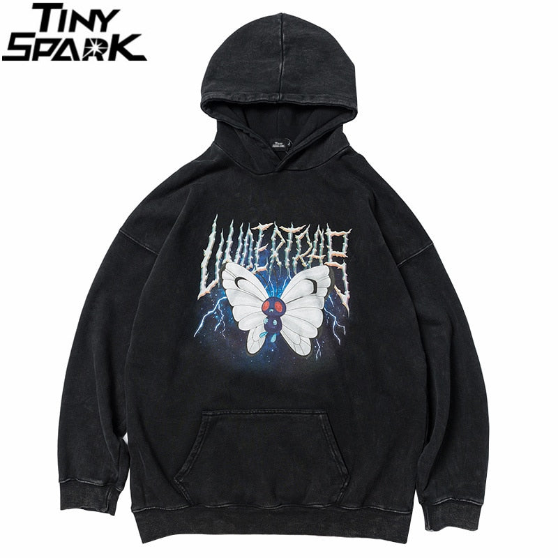 Men Hip Hop Hoodie Sweatshirt Lightning Butterfly Streetwear Hoodie Retro Vintage Washed Black Hooded Pullover Harajuku-1