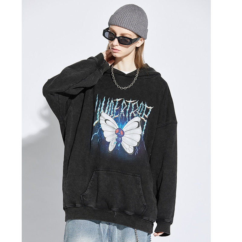 Men Hip Hop Hoodie Sweatshirt Lightning Butterfly Streetwear Hoodie Retro Vintage Washed Black Hooded Pullover Harajuku-4