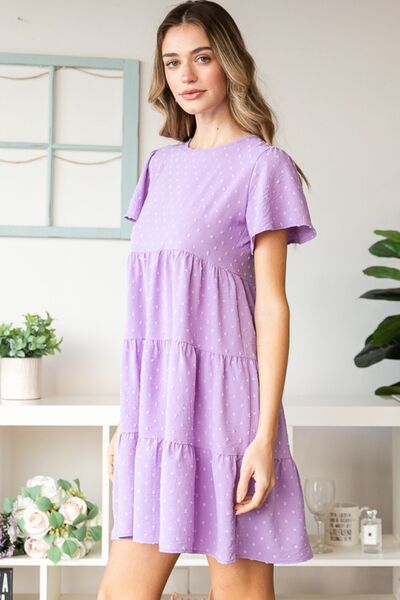 Heimish Full Size Swiss Dot Short Sleeve Tiered Dress-3