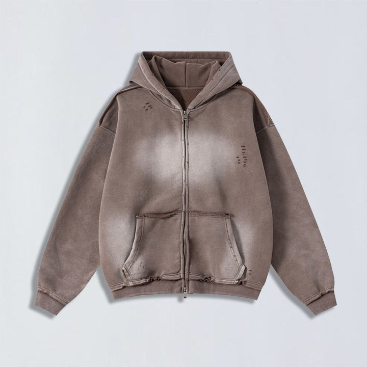 400g Raw edge distress full-zip hoodie-1