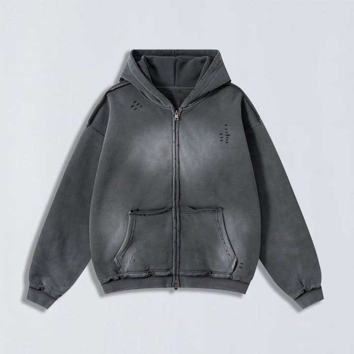 400g Raw edge distress full-zip hoodie-0