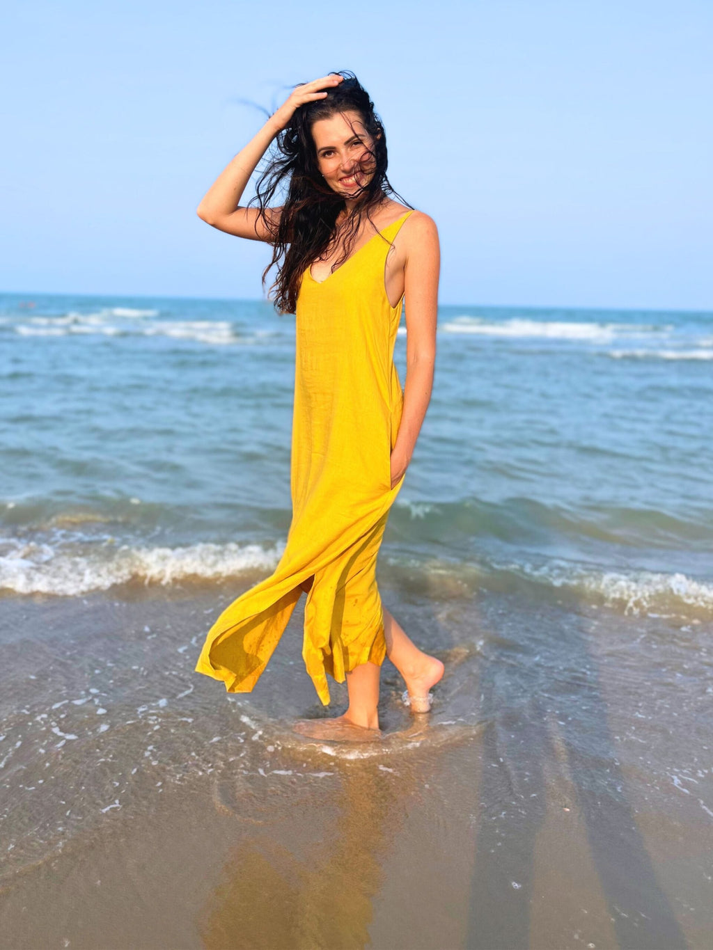 linen maxi dress with pockets pure linen long dress boho summer dress adjustable straps holiday dress eco-friendly party dress for women.jpg