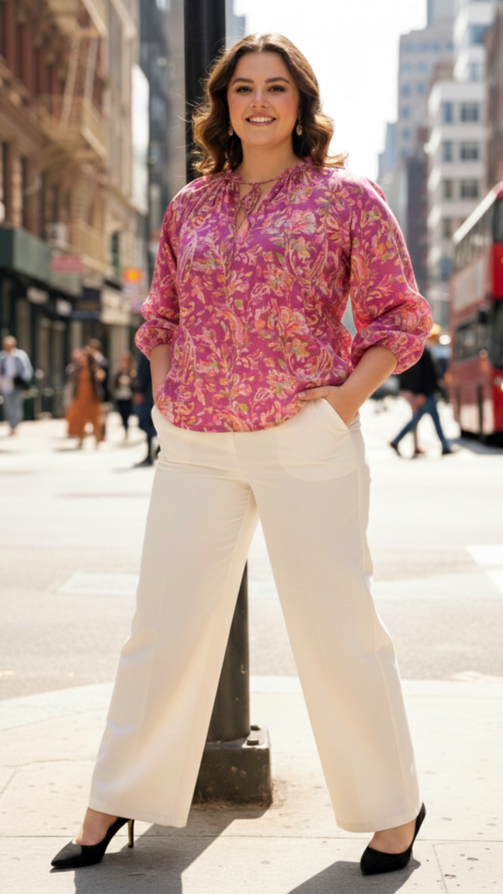 Pink & Gold Floral Tie-Neck Top-0