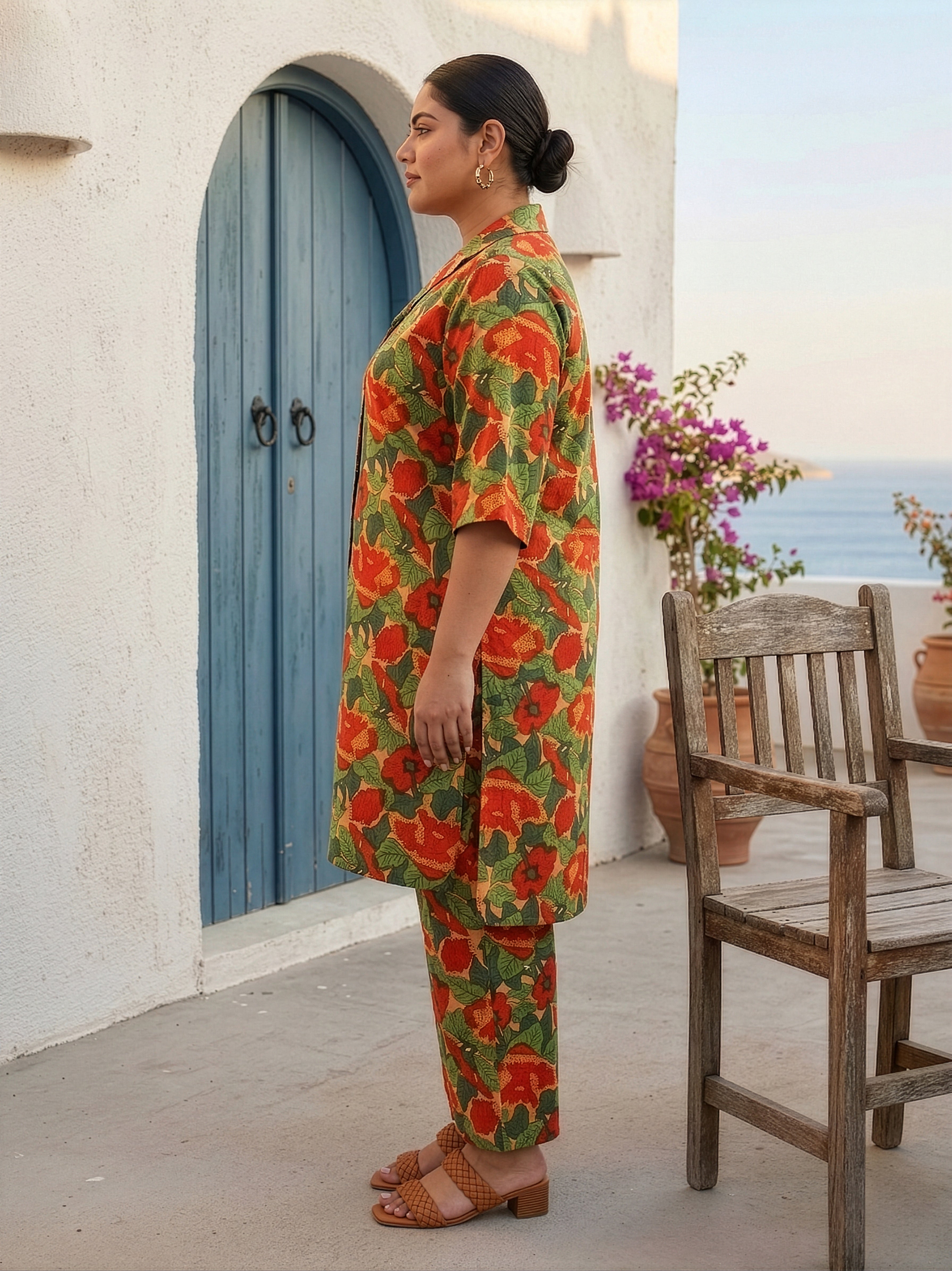 Regular Tropical Floral Print Cotton Co-Ord Set for Women – Button Down Kurta & Pants