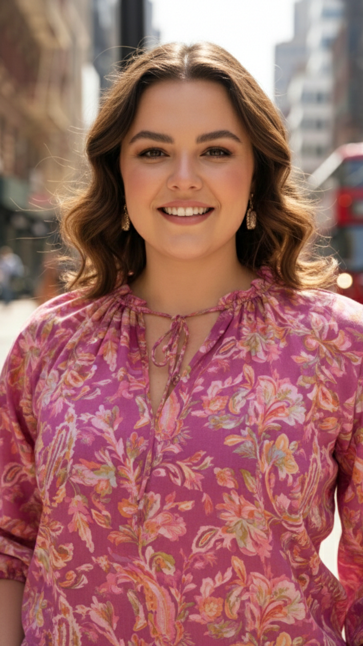 Pink & Gold Floral Tie-Neck Top-1