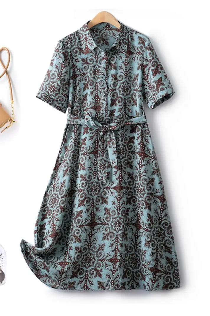 Summer Dress Woman Trendy Elegant Vintage Turn Down Collar Over Knee Single Breast Drop Large Swing Flower Female Dresses-2