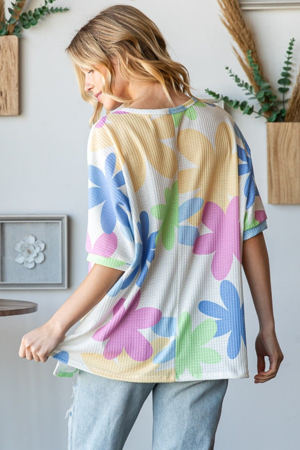 HOPELY Floral Round Neck Waffle T-Shirt-1