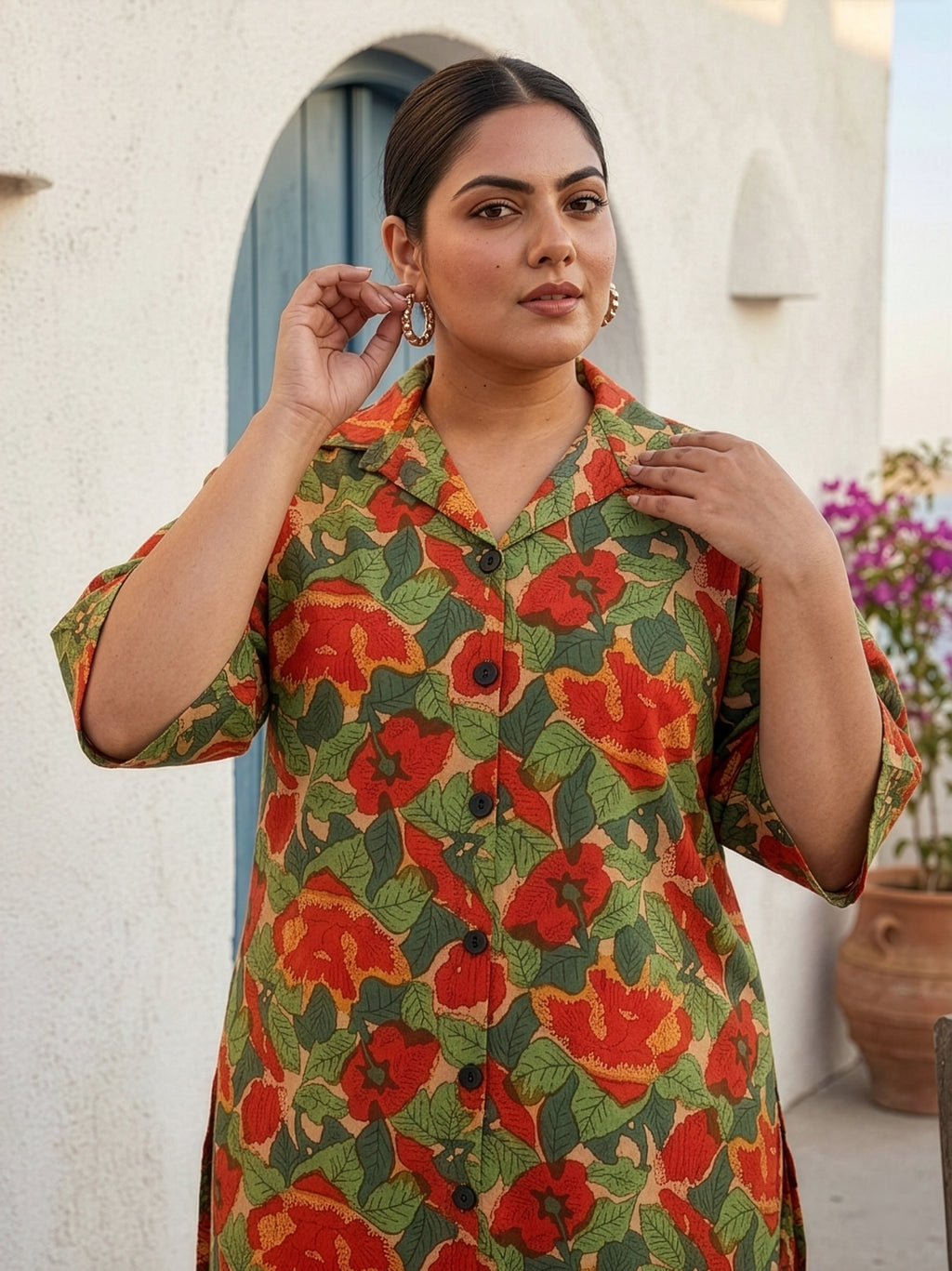 Regular Tropical Floral Print Cotton Co-Ord Set for Women – Button Down Kurta & Pants