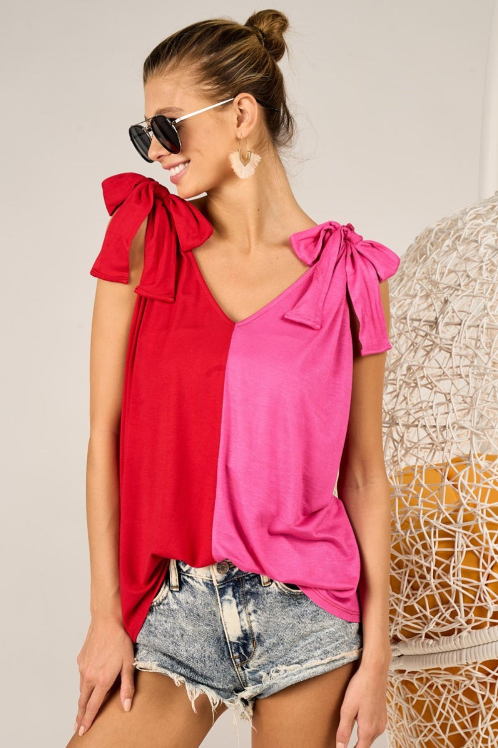 BiBi Shoulder Ribbon Tied Contrast Tank-2