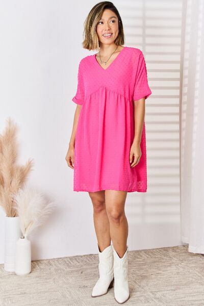 Zenana Swiss Dot Rolled Short Sleeve Babydoll Dress-0