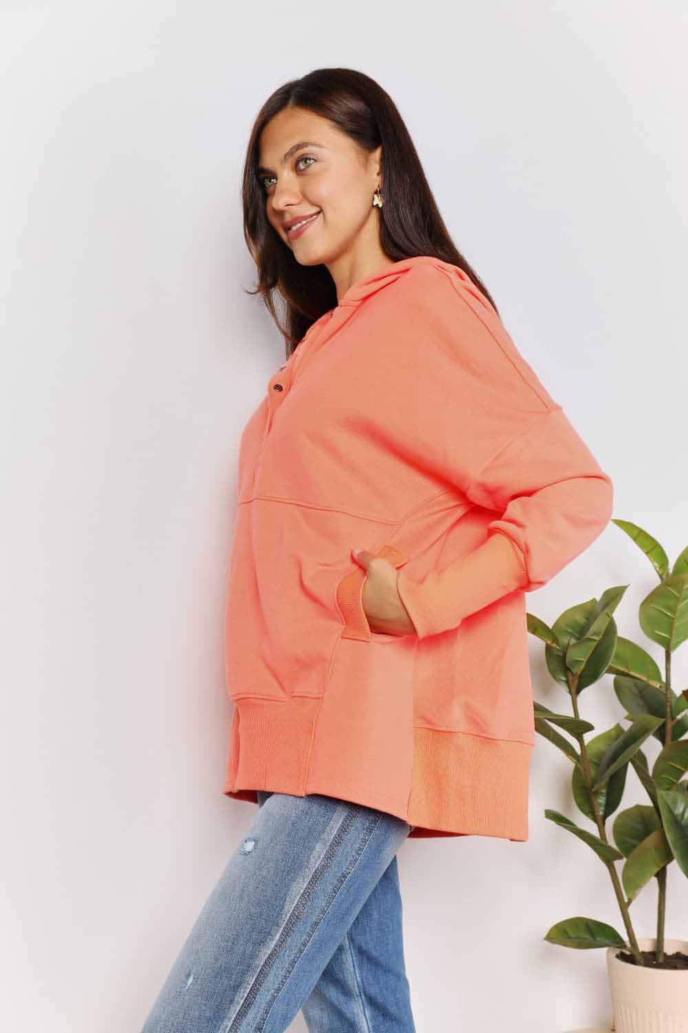 Double Take Quarter-Snap Dropped Shoulder Hoodie-3