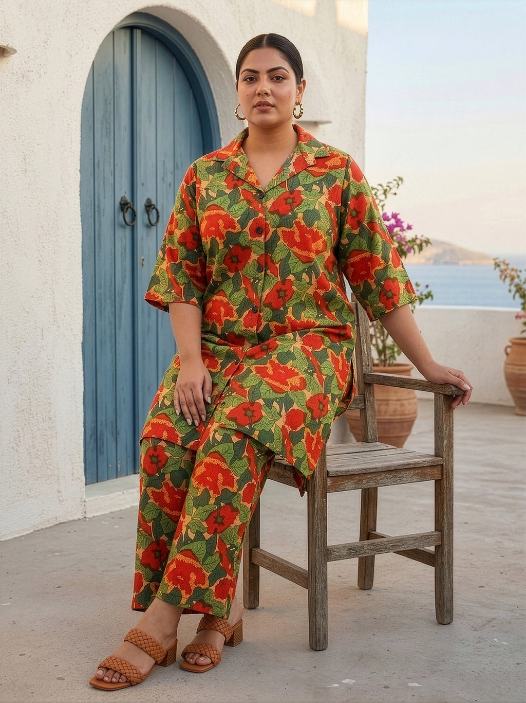 Regular Tropical Floral Print Cotton Co-Ord Set for Women – Button Down Kurta & Pants
