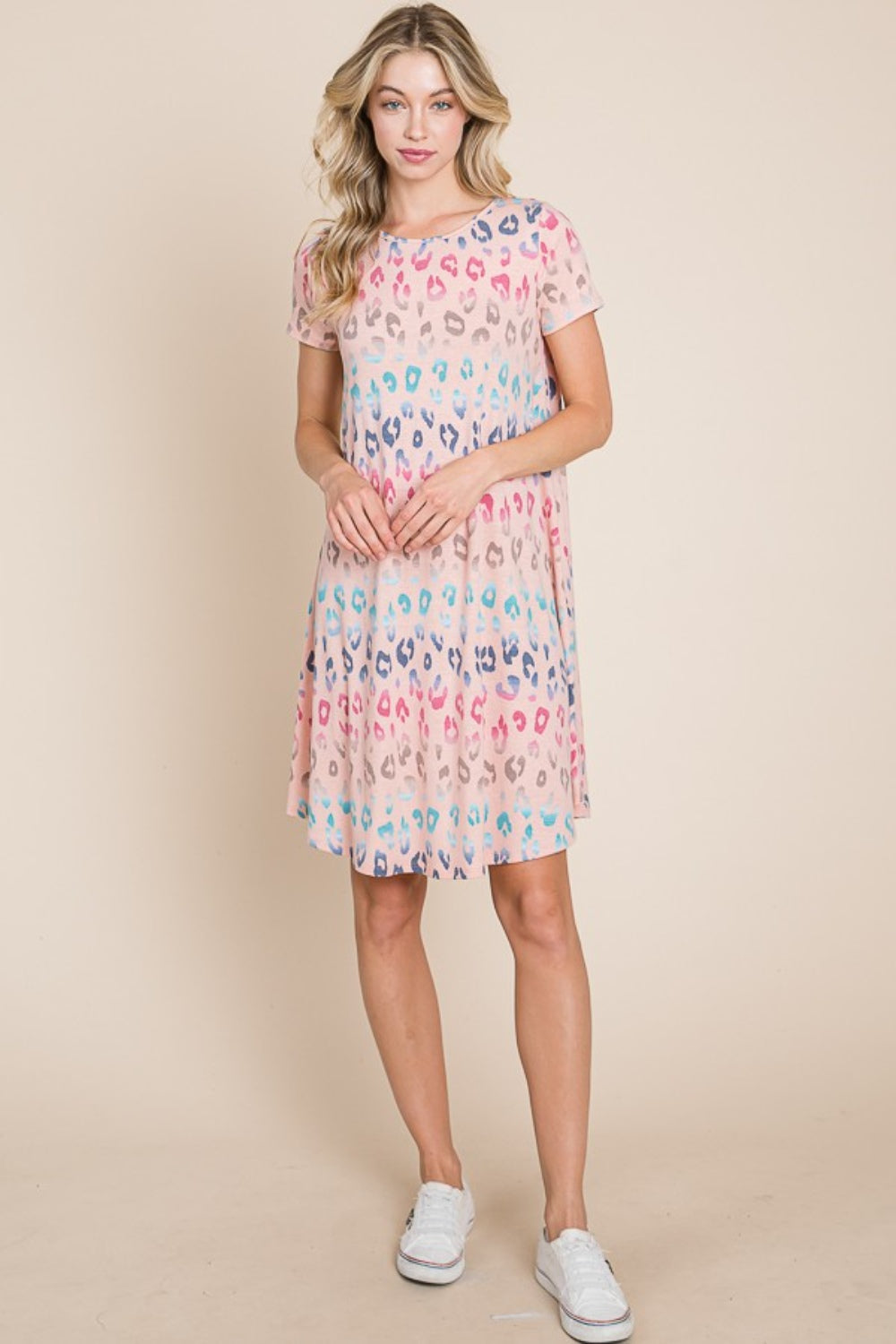 BOMBOM Leopard Round Neck Short Sleeve Dress-4