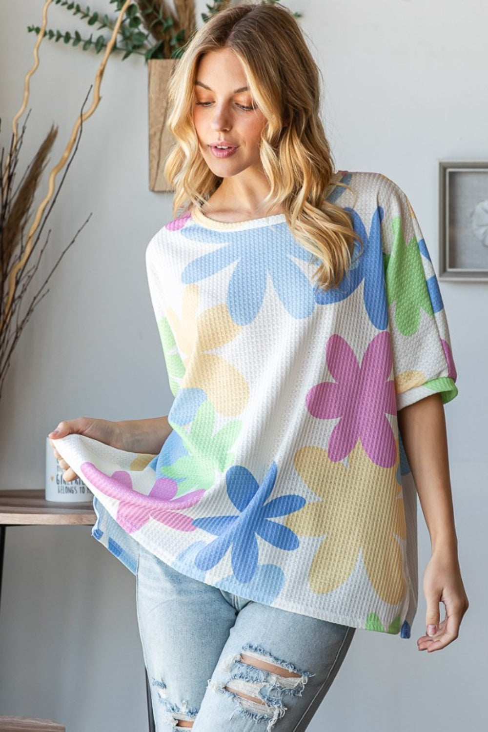 HOPELY Floral Round Neck Waffle T-Shirt-2