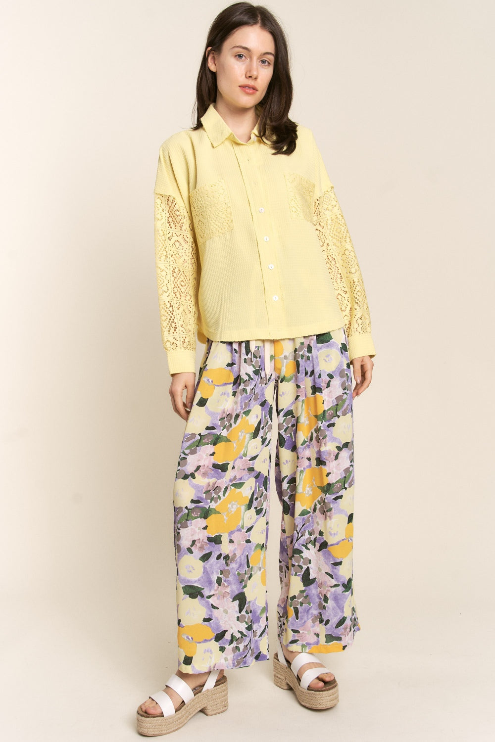 J.NNA Button Down Lace Long Sleeve Waffle Shirt-4