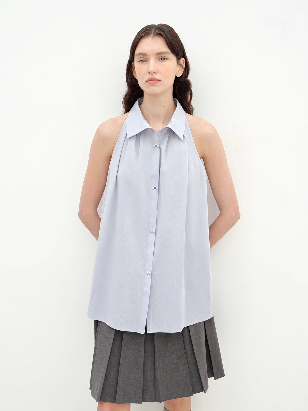"Poland Island" imported pure cotton stand-up collar sleeveless striped shirt temperament top for women-4