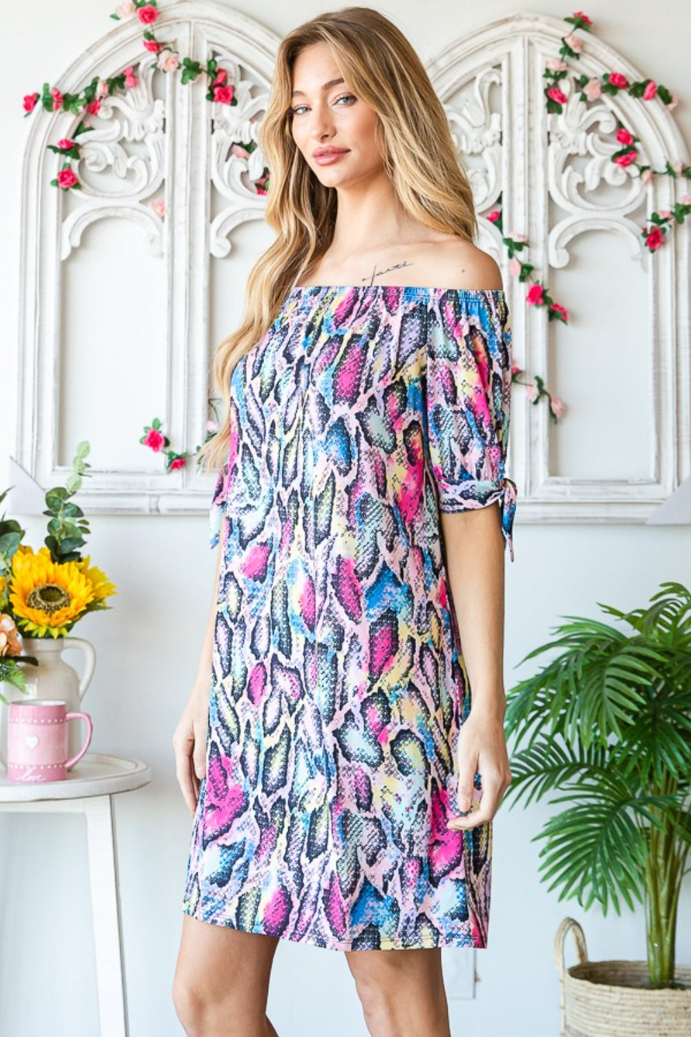 Heimish Full Size Off Shoulder Snake Mini Dress-2