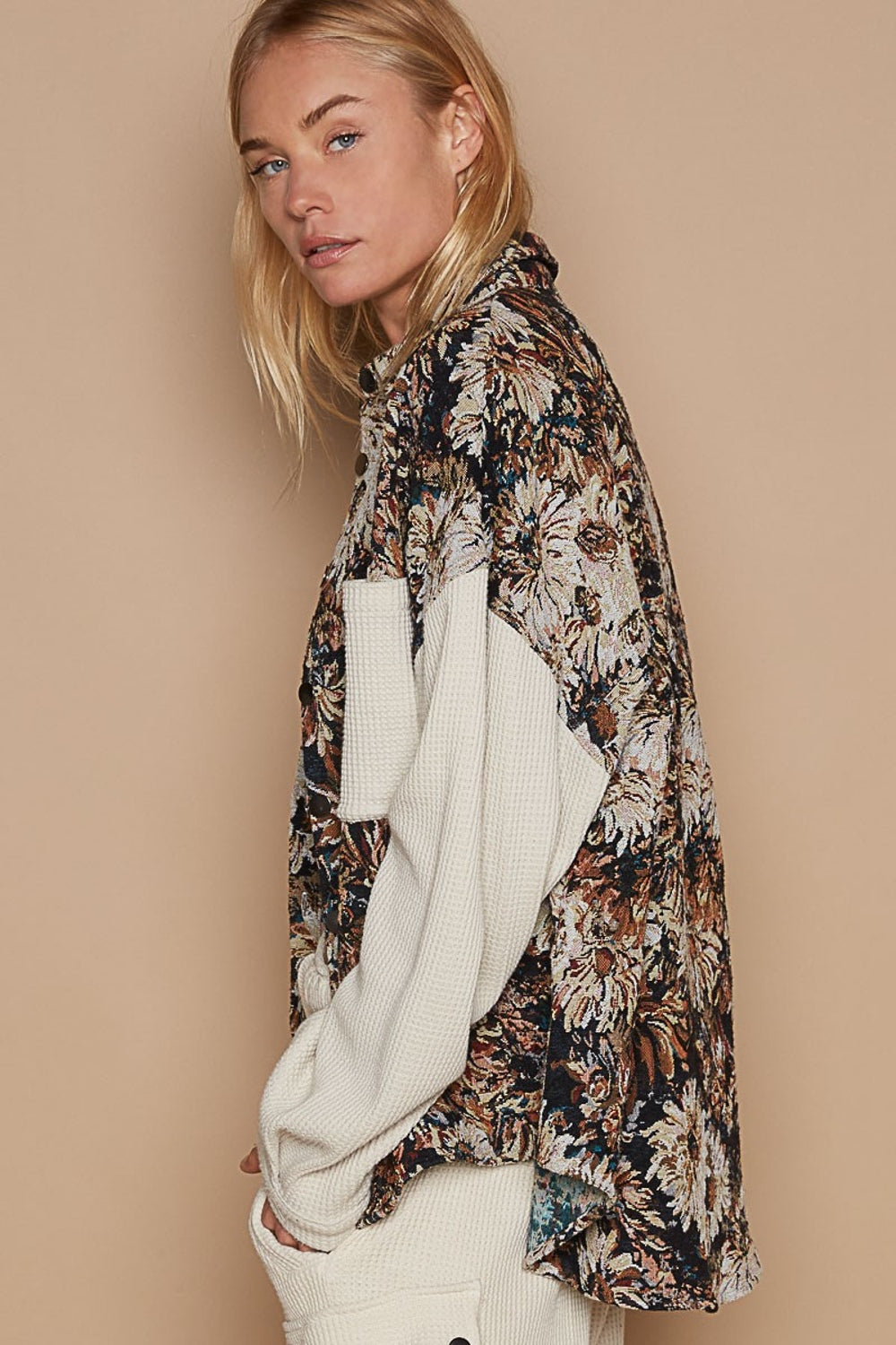 POL Contrast Sleeves Button Down Floral Jacquard Shirt-2