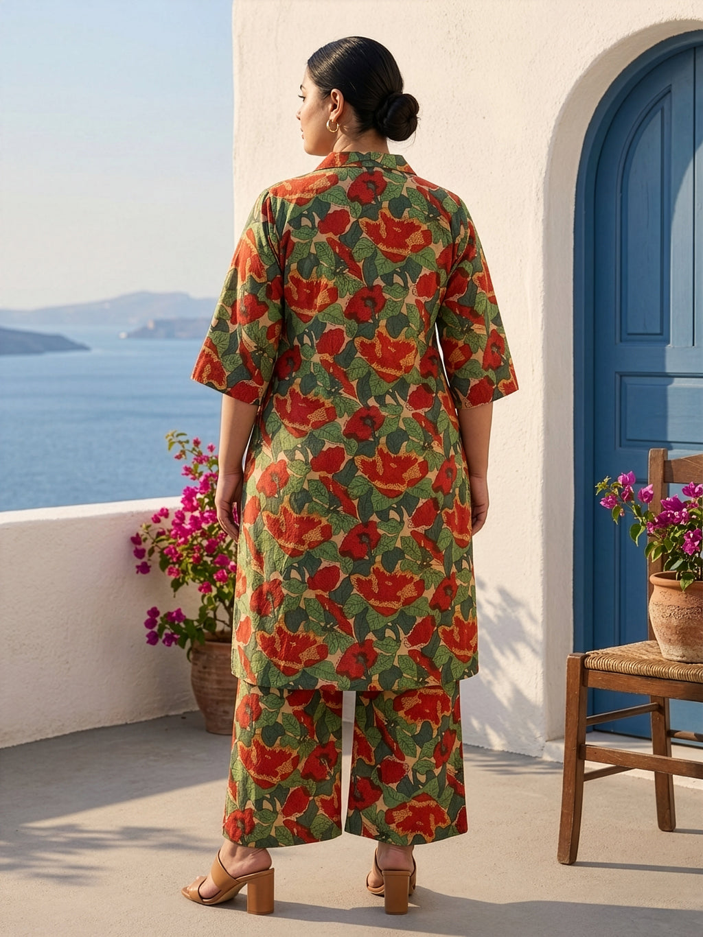 Regular Tropical Floral Print Cotton Co-Ord Set for Women – Button Down Kurta & Pants
