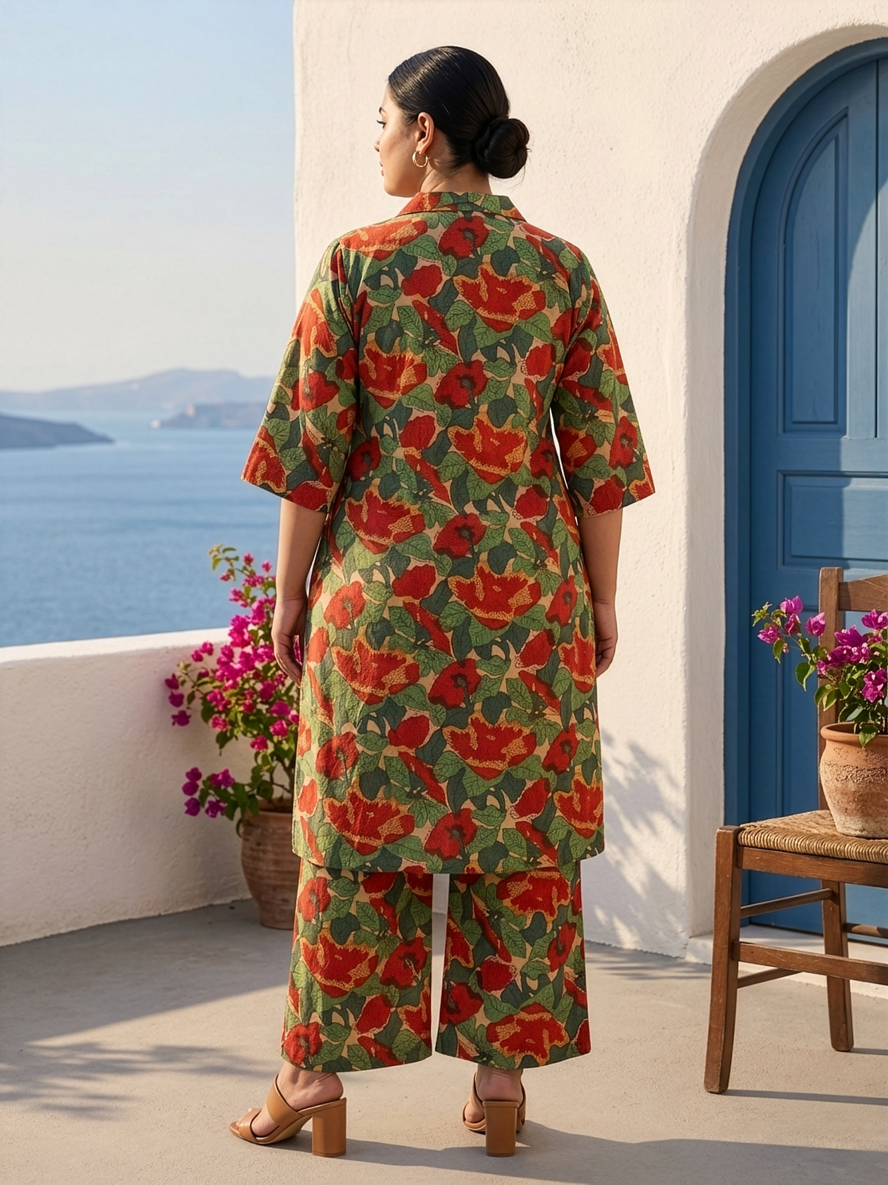 Regular Tropical Floral Print Cotton Co-Ord Set for Women – Button Down Kurta & Pants