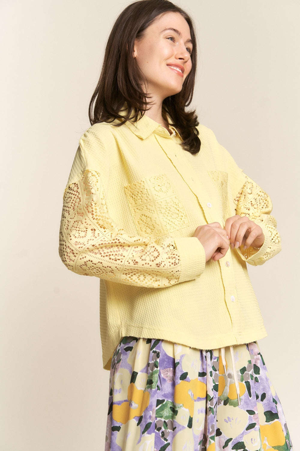 J.NNA Button Down Lace Long Sleeve Waffle Shirt-2