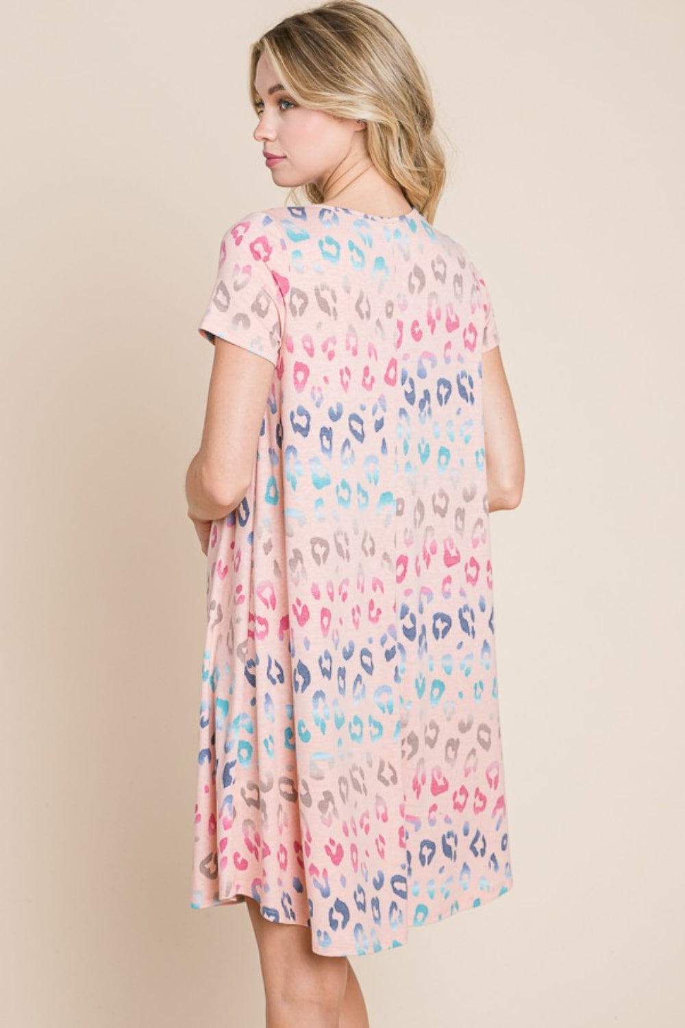 BOMBOM Leopard Round Neck Short Sleeve Dress-1