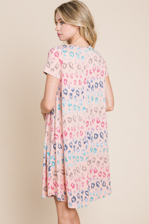 BOMBOM Leopard Round Neck Short Sleeve Dress-1