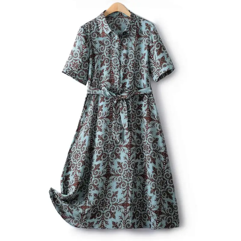 Summer Dress Woman Trendy Elegant Vintage Turn Down Collar Over Knee Single Breast Drop Large Swing Flower Female Dresses-1