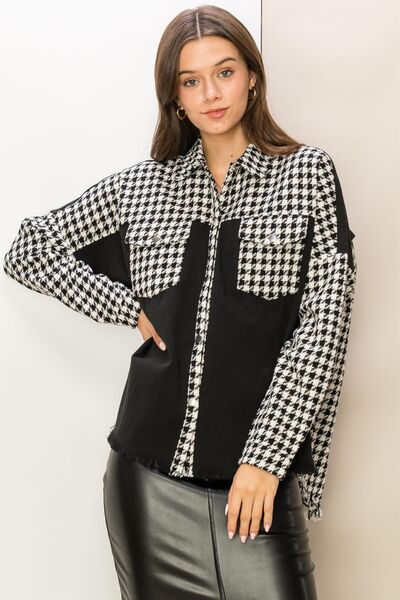 HYFVE Houndstooth Contrast Raw Hem Jacket-0