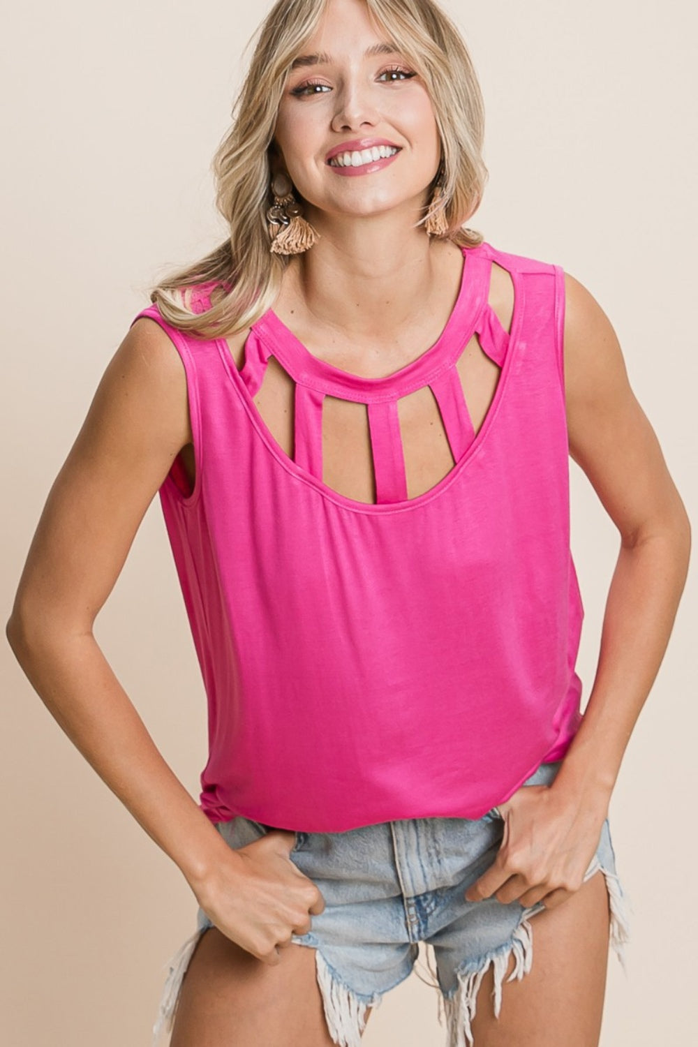 BiBi Cutout Round Neck Sleeveless Top-0