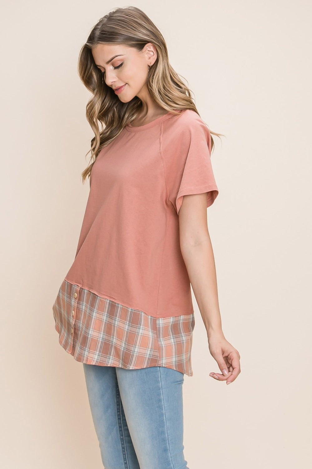 Cotton Bleu by Nu Lab Plaid Contrast Short Sleeve T-Shirt-2