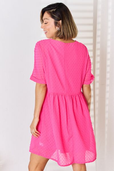 Zenana Swiss Dot Rolled Short Sleeve Babydoll Dress-1