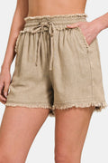 Zenana Washed Linen Frayed Hem Drawstring Shorts-0