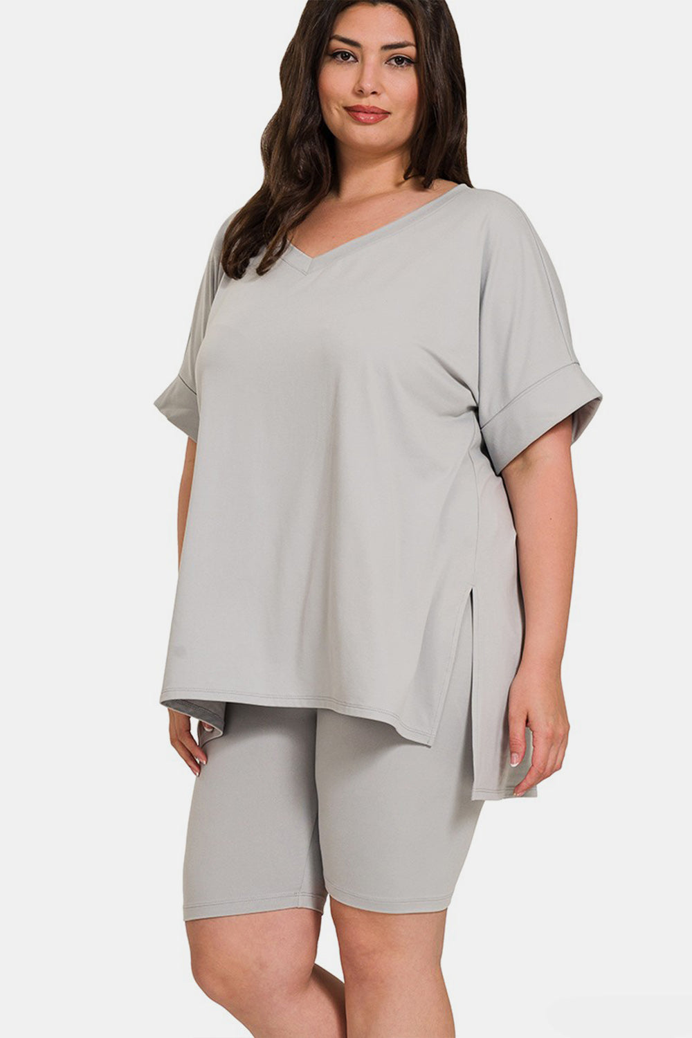 Zenana Full Size V-Neck Short Sleeve Slit T-Shirt and Shorts Set-1
