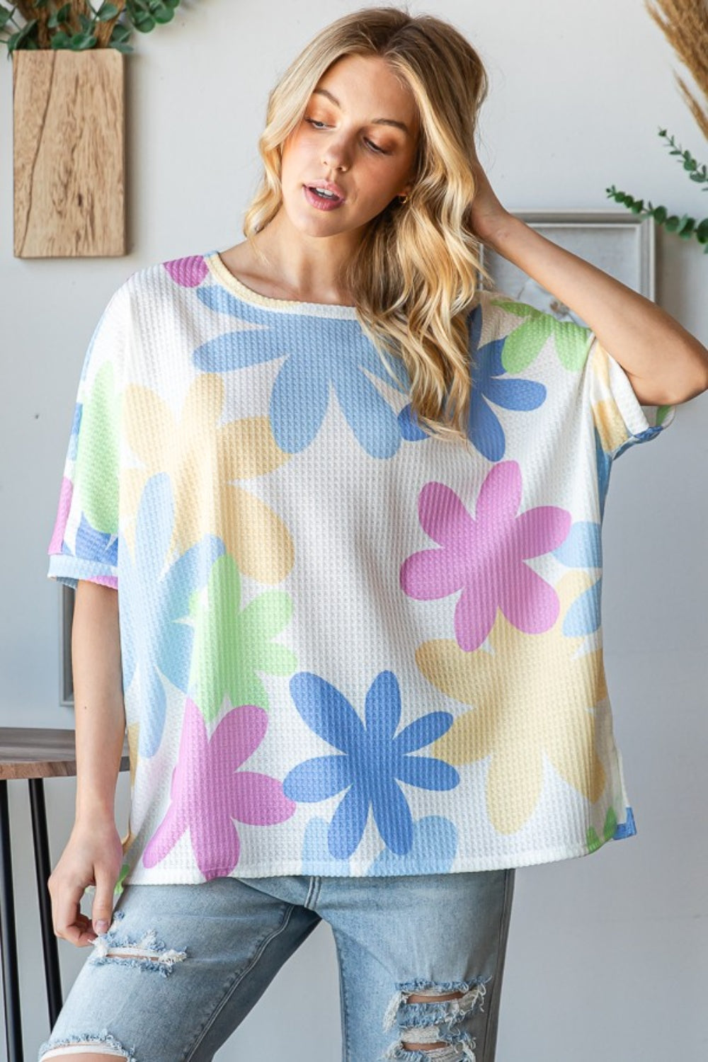 HOPELY Floral Round Neck Waffle T-Shirt-0