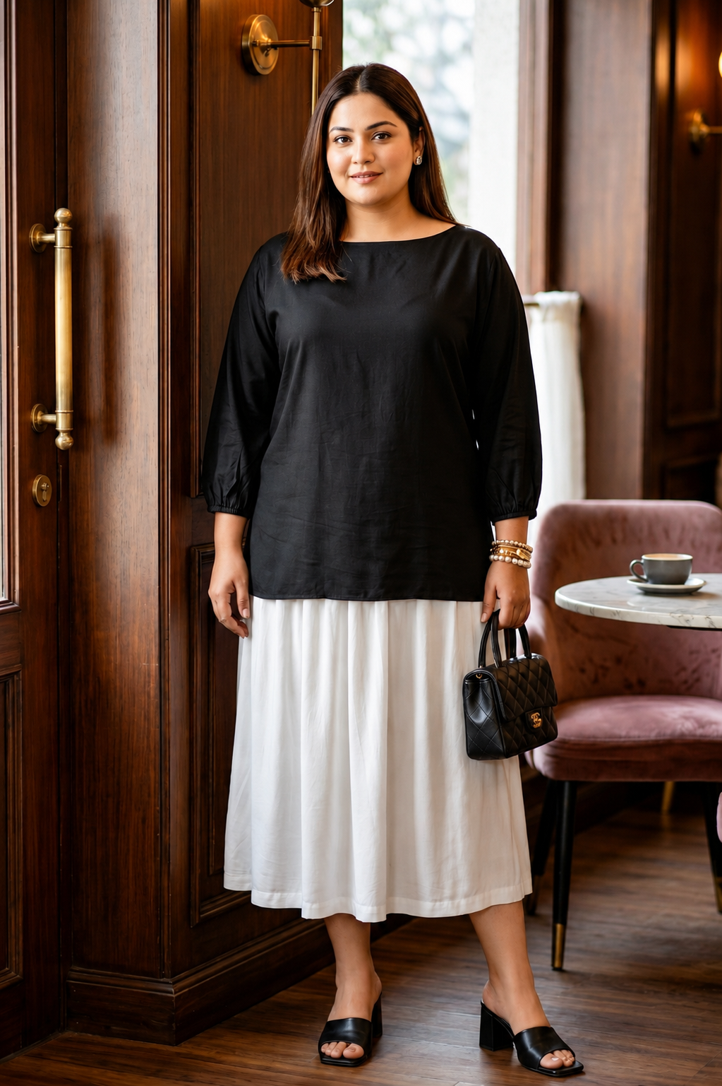 Regular Solid Boat Neck Top & Flared Midi Skirt Co -ord Set-0