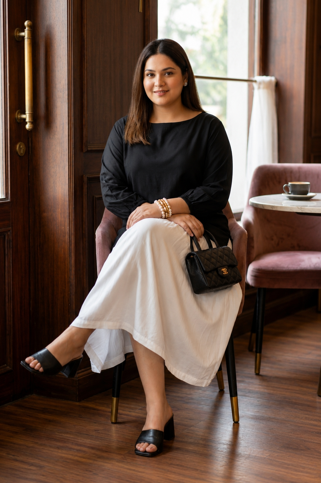 Regular Solid Boat Neck Top & Flared Midi Skirt Co -ord Set-1