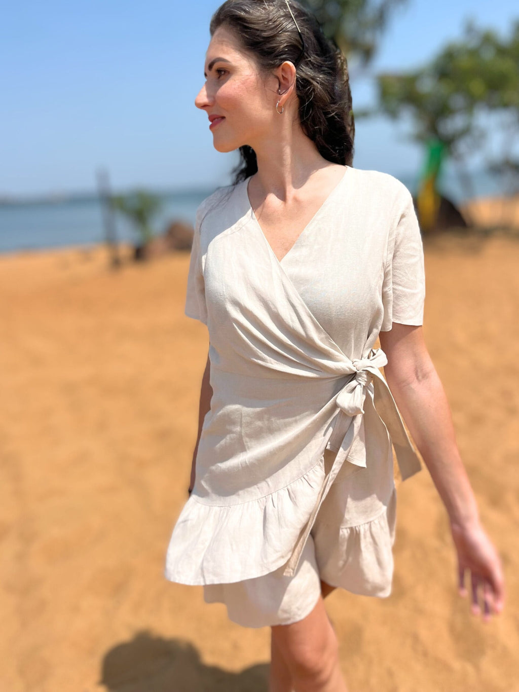 Short Sleeve Summer Linen Wrap Dress-3
